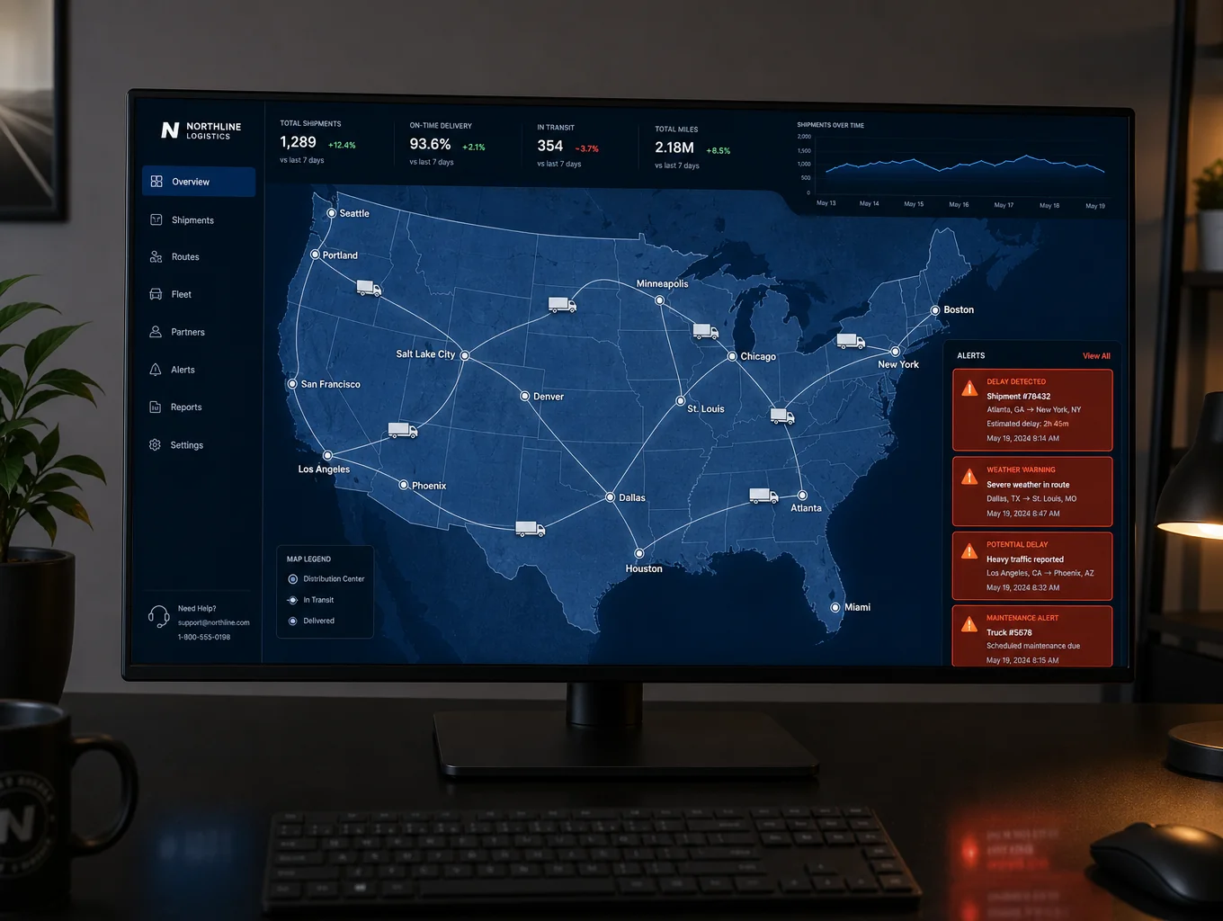 LogixFlow operations ERP dashboard interface displaying real-time freight analytics